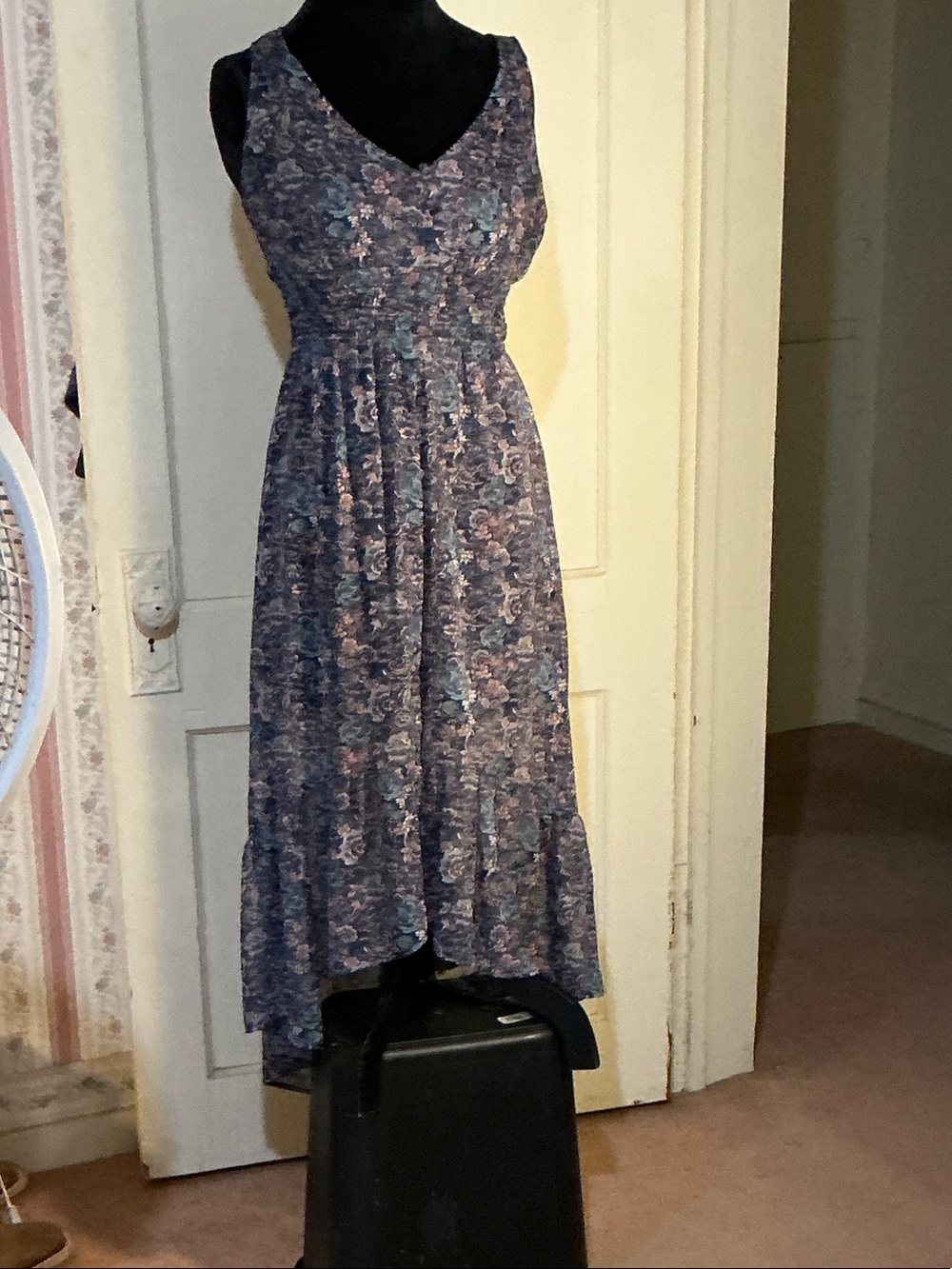 Rewind Sleeveless High-Low Floral Dress in Blue and Pink